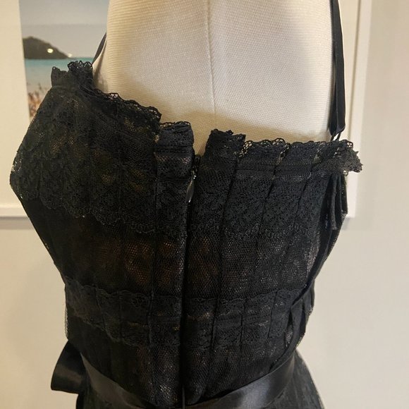 Black BCBG MAXAZRIA lace midi dress, with ribbon tie. - Picture 4 of 5